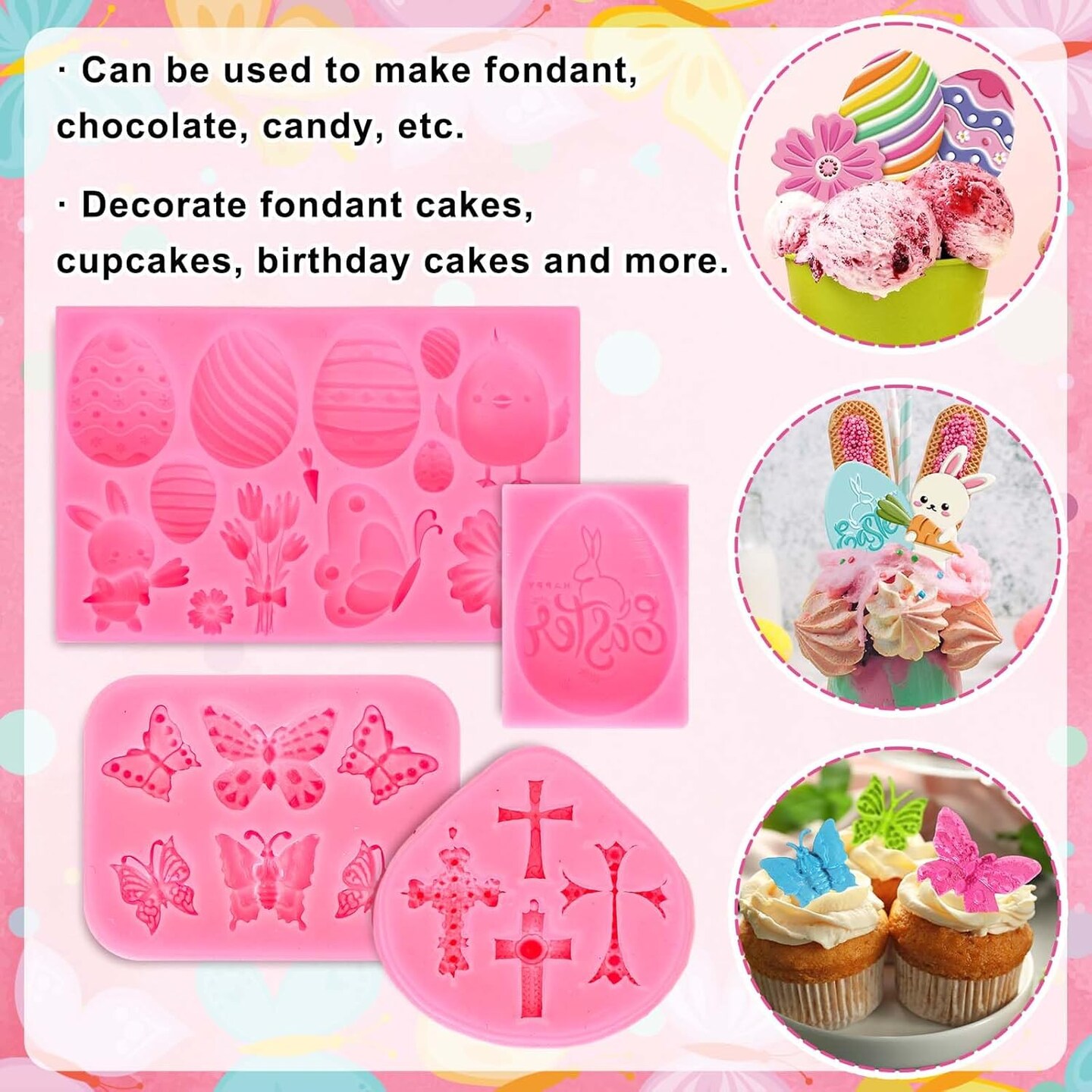 4Pcs Easter Fondant Molds Egg Bunny Rabbit Cross Butterfly Flower Floral Silicone Mold Assorted Chocolate Candy Mould for Spring Birthday Party Baking Sugar Craft Gum Resin Clay