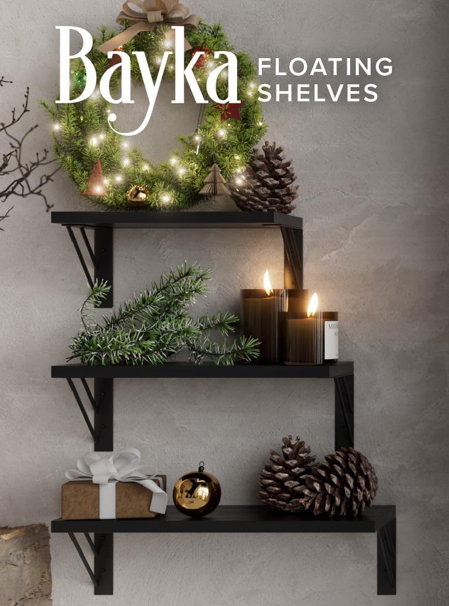Wall Shelves for Bedroom Decor, Floating Shelves for Wall Storage, Wall Mounted Rustic Wood Shelf for Books,Plants,Small Wall Shelf for Bathroom,Kitchen,Living Room(Black&#xFF0C;Set of 3)