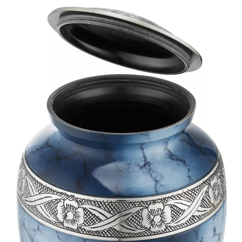 Adult Cremation Urn for Human Ashes - Blue and Silver with Velvet Bag