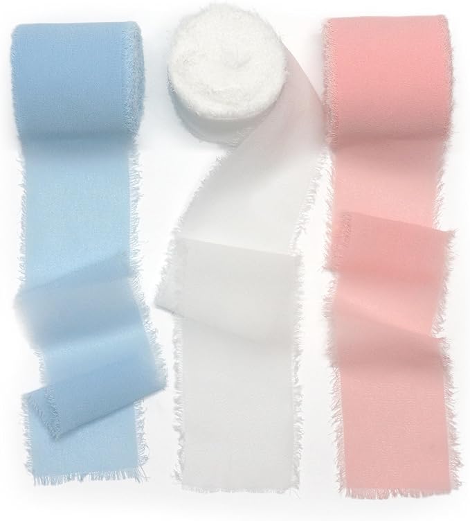 Frayed Chiffon Ribbon 2 inch x 8 Yards x 3 Rolls Light Blue White Pink for Christmas Home Decor Gift Wrapping DIY Crafts Wedding Invitation Bouquets