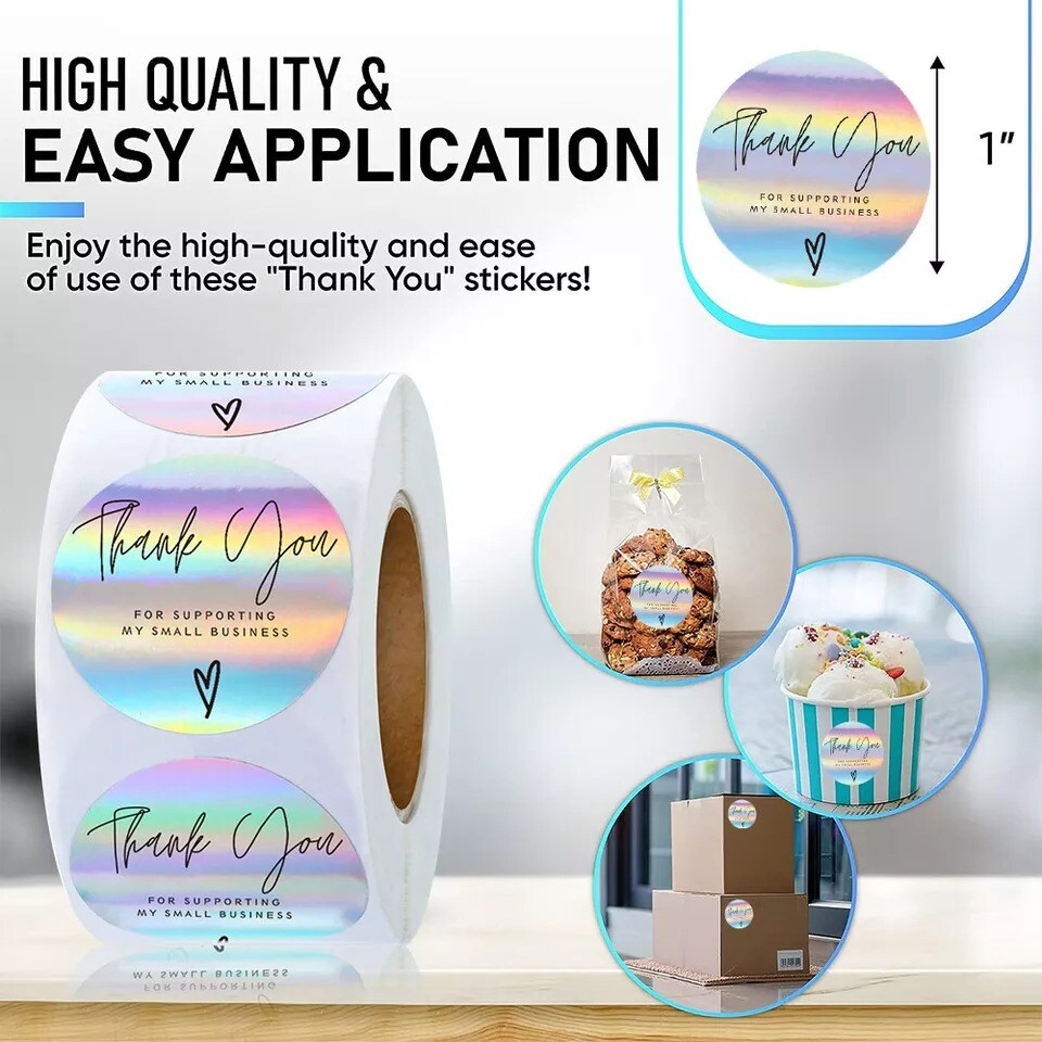 500Pcs Self-Adhesive Thank You Stickers for Small Business Rainbow Holo Stickers