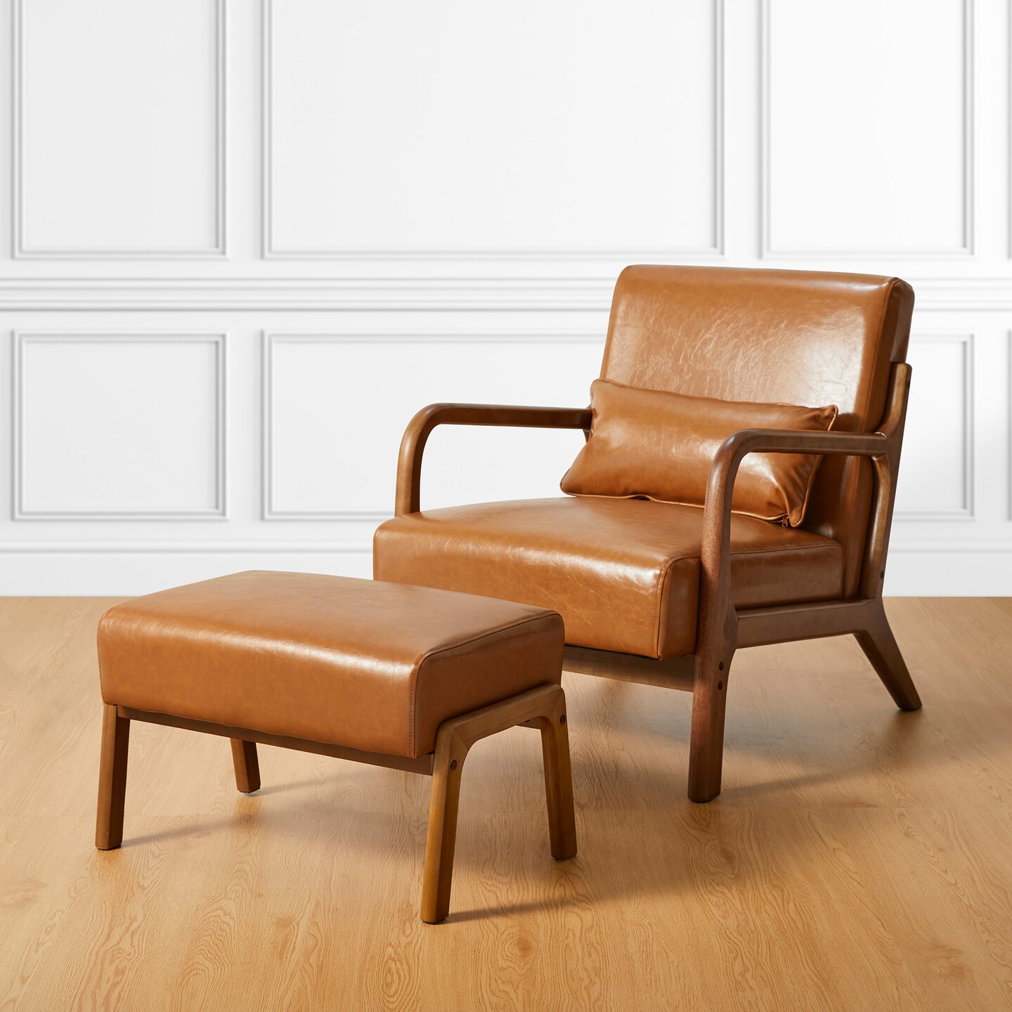 30.75&#x22;H Mid-Century PU Leather Armchair with Ottoman Set