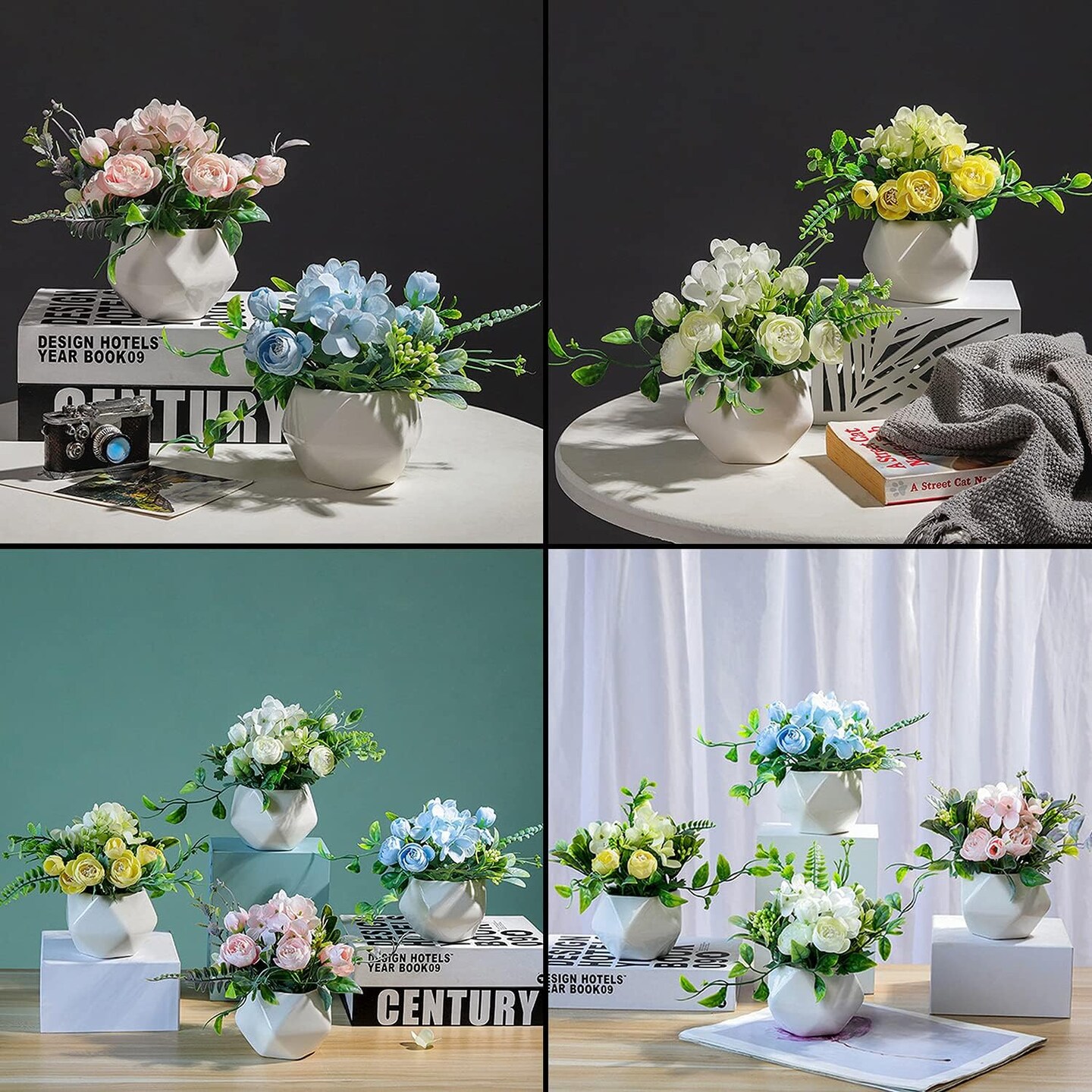 Set of 4 Mini Artificial Camellia Flowers in Ceramic Pots – Faux Floral Décor for Home & Office