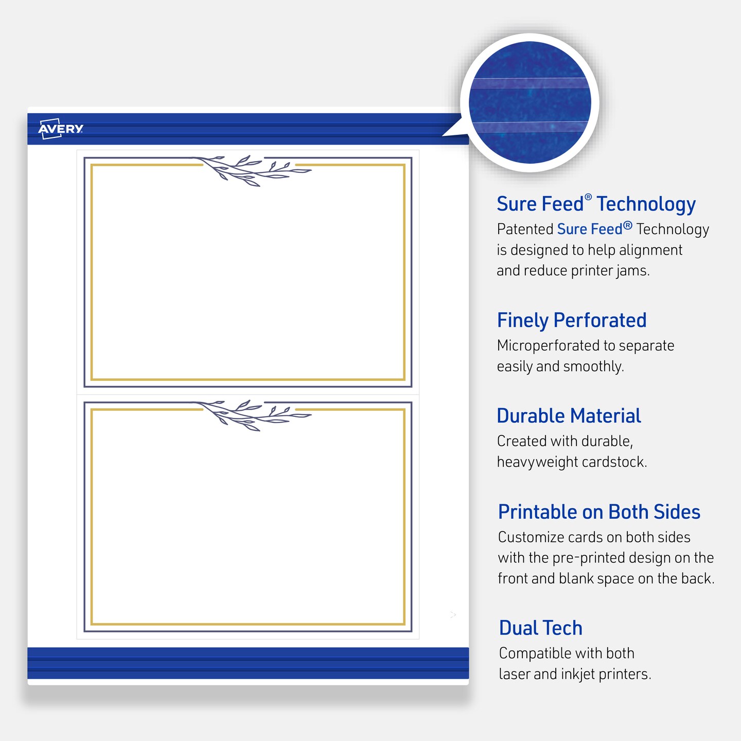 Avery Printable Rectangle Invitation Cards, Gold &#x26; Navy Border with Florals, 5&#x22; x 7&#x22;, Matte White Rectangle Invitation Cards, Laser/Inkjet, 20ct, Great for Invitation Cards