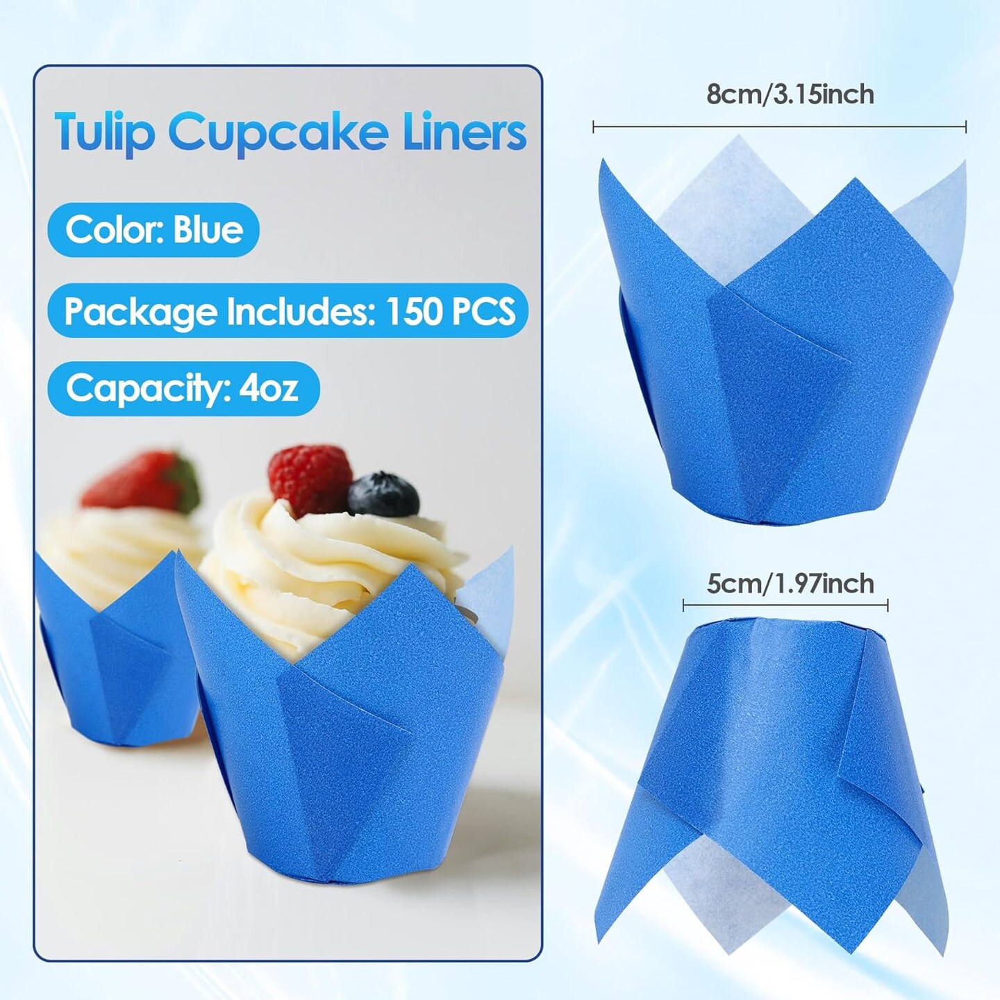 Tulip Cupcake Liners,150pieces Blue Muffin Baking Cups Holders Paper Cupcake Wrappers for Wedding, Birthday, Christmas, Baby Shower Parties