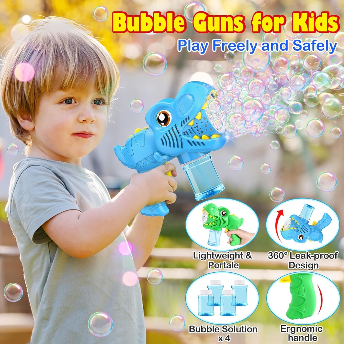 Kids Bubble Gun 2 Pack Dino Bubble Machine Gun for Toddlers with 4 Bubbles Solution Automatic 13-Hole Bubbles Blower Maker Bubbles for Kids Party Favors Stocking Stuffers Birthday Gift for Boys Girls