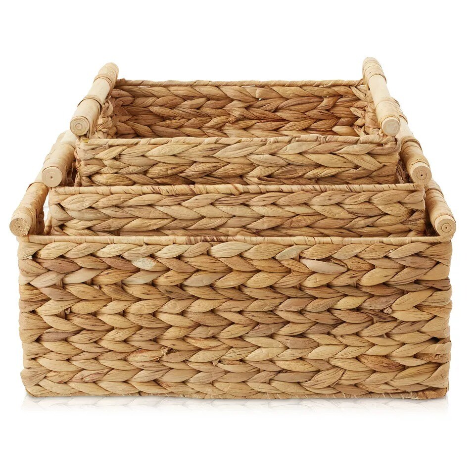 3-Piece Hyacinth Rectangular Storage Basket Set w/ Wood Handles, Natural Wicker