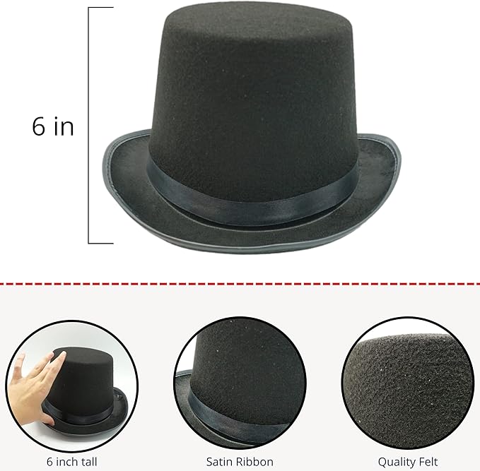 4E's Novelty 6" Black Top Hat Costume Men & Women, Tall Felt Hat with Satin Ribbon, Perfect for Magician, Circus, Snowman Roleplay & Dress Up Party