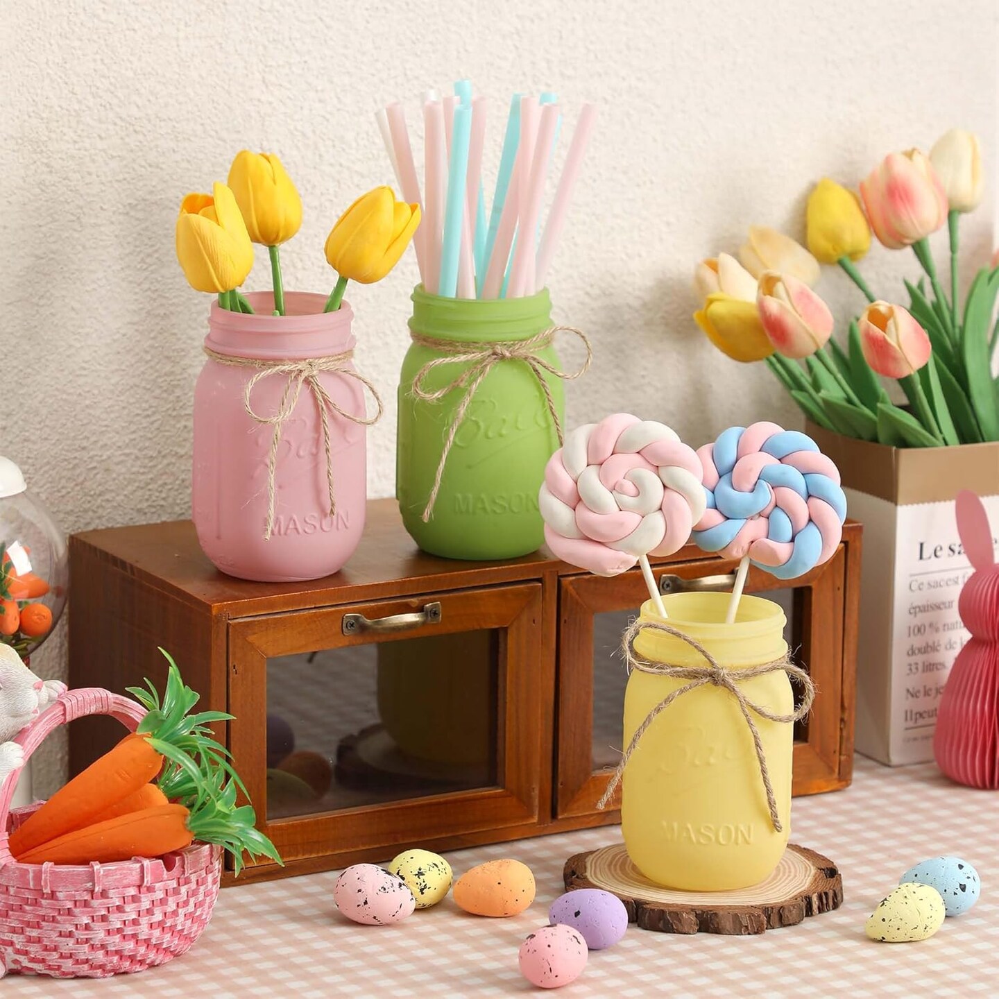 Spring Decorations, Spring Mason Jar Centerpiece for Table with Wood Tray & Artificial Tulips