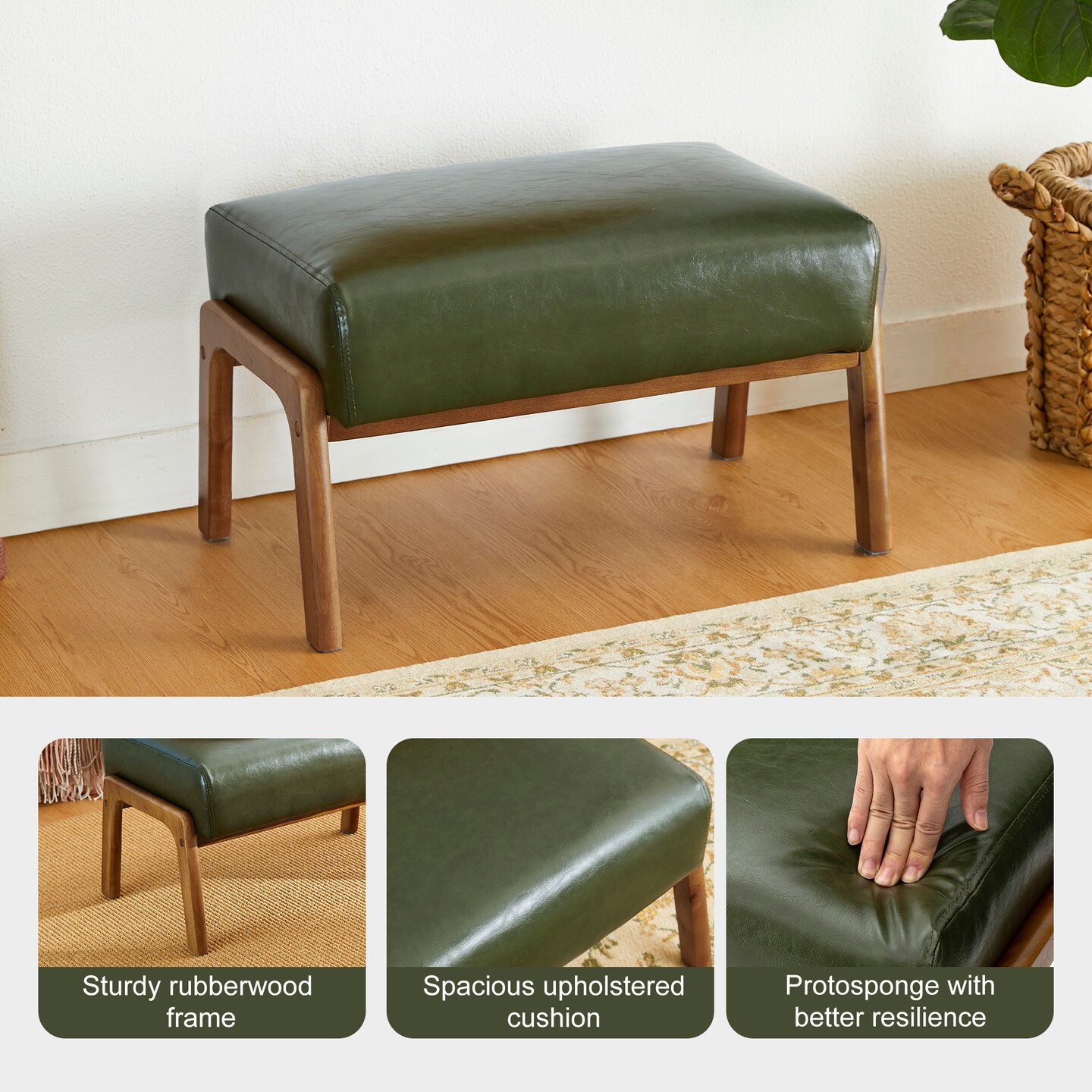 Mid-century Modern Leatherette Accent Stool with Walnut Rubberwood Legs