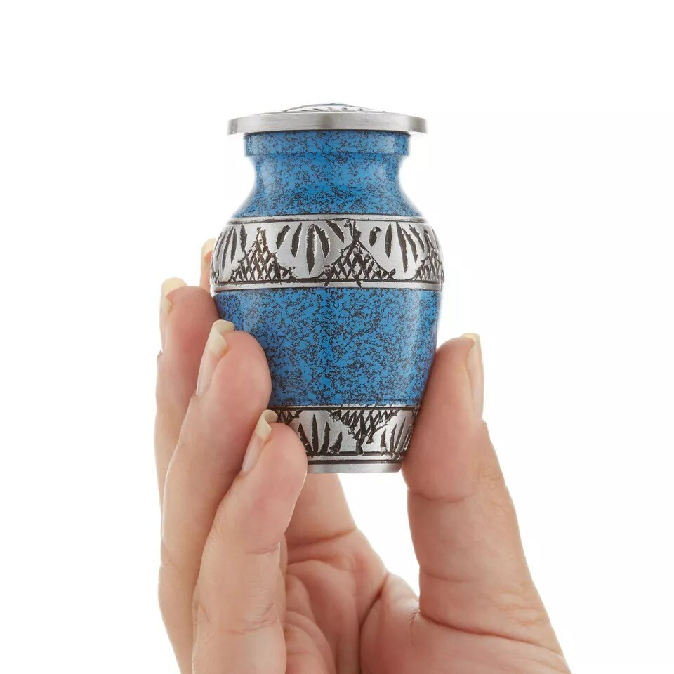 Small Keepsake Cremation Urns for Human Ashes, Set of 4 Blue and Silver w Case