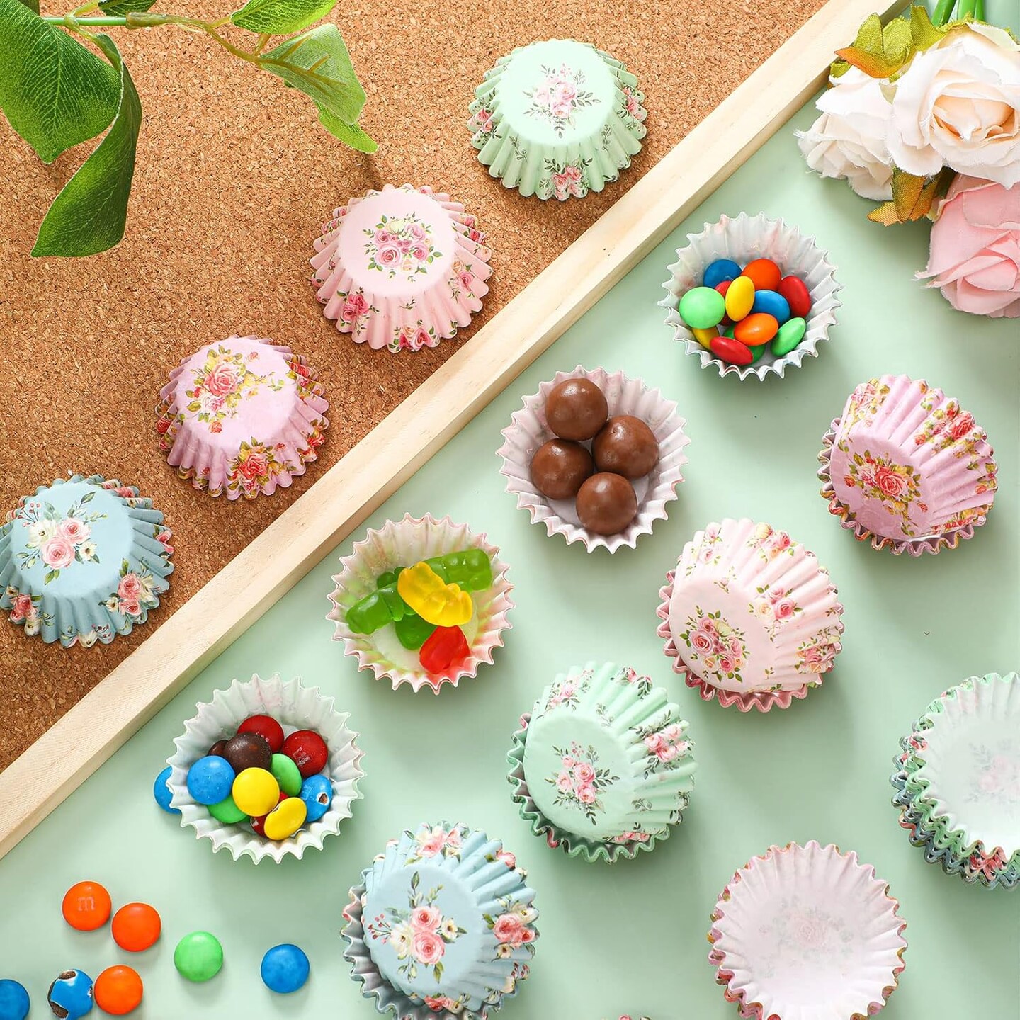 600 Pcs Floral Mini Cupcake Liners for Baking Watercolor Flower Small Cupcake Liners Wrappers Tea Party Baking Paper for Shower Wedding Bridal Showers Birthday Party Decoration