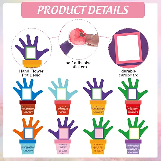 96 Pcs Spring Hand Picture Frame Crafts DIY Handprint Flower Pot Hand Keepsake Picture Frame Craft Gifts with Flower Stickers for Spring Mother&#x27;s Day Party Home Activities