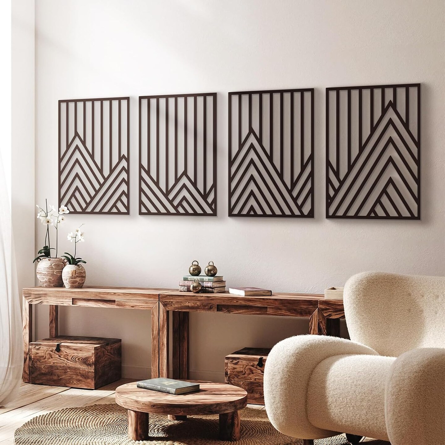 4 Pcs Black Abstract Mountain Line Metal Wall Art, 17 x 12'' Minimalist Décor Single Line Art Wall Décor, 3D Textured Sculptures, Decorative Forest Nature Abstract Line Minimalist Wall Décor Hanging for Living Room Bedroom Bathroom Study(Black, M Siz