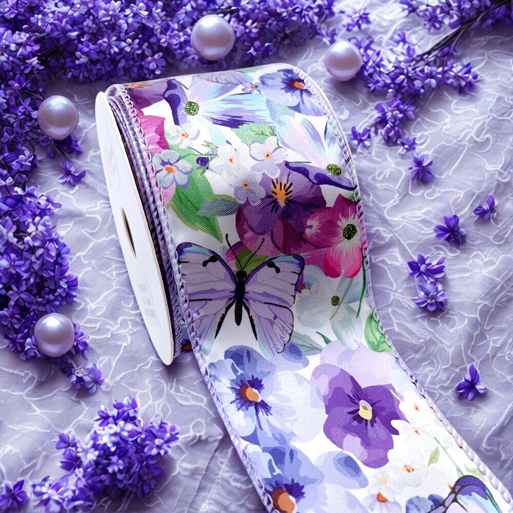 Designer&#x27;s Shop WR 63-5198 Spring Summer Lilac Purple butterfly and small Floral on white wired edge ribbons , 2.5&#x201D; x 10 yard
