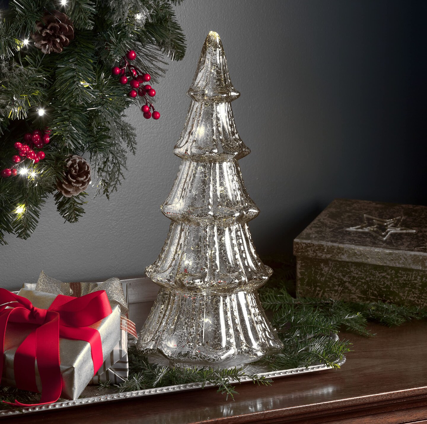 Haute Decor 14 Inch Battery Operated Lighted Mercury Glass Silver Christmas Tree with Built-in Timer and 20 Warm White LED Lights