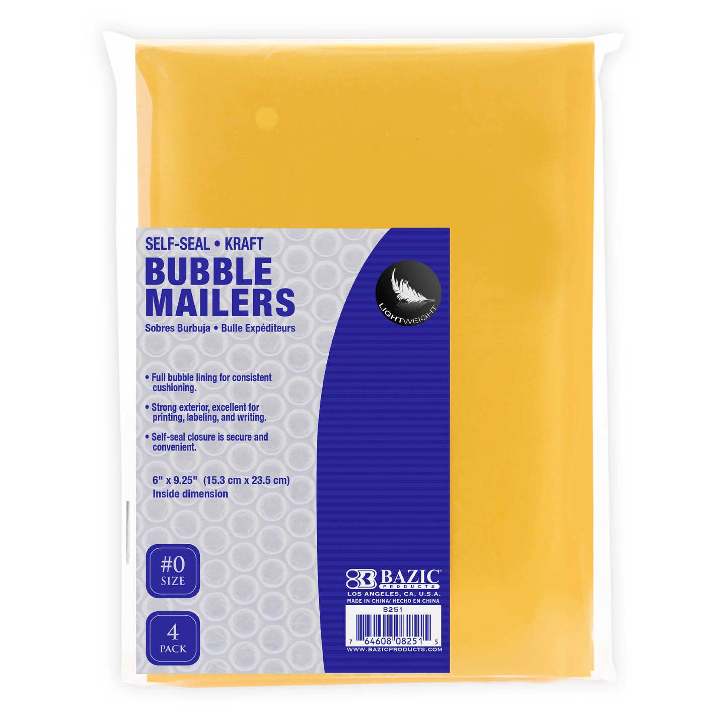BAZIC Self-Seal Bubble Mailers (#0) 6&#x22; x 9.25&#x22; (4/Pack)