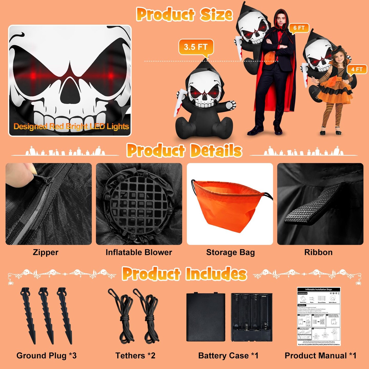 3.5 FT Halloween Inflatables Wearable Grim Reaper Outdoor Decoration with Red Eyes Holding Knife Halloween Blow Up Decorations Built-in LEDs Coming Out of Window Garden Indoor Roof Car