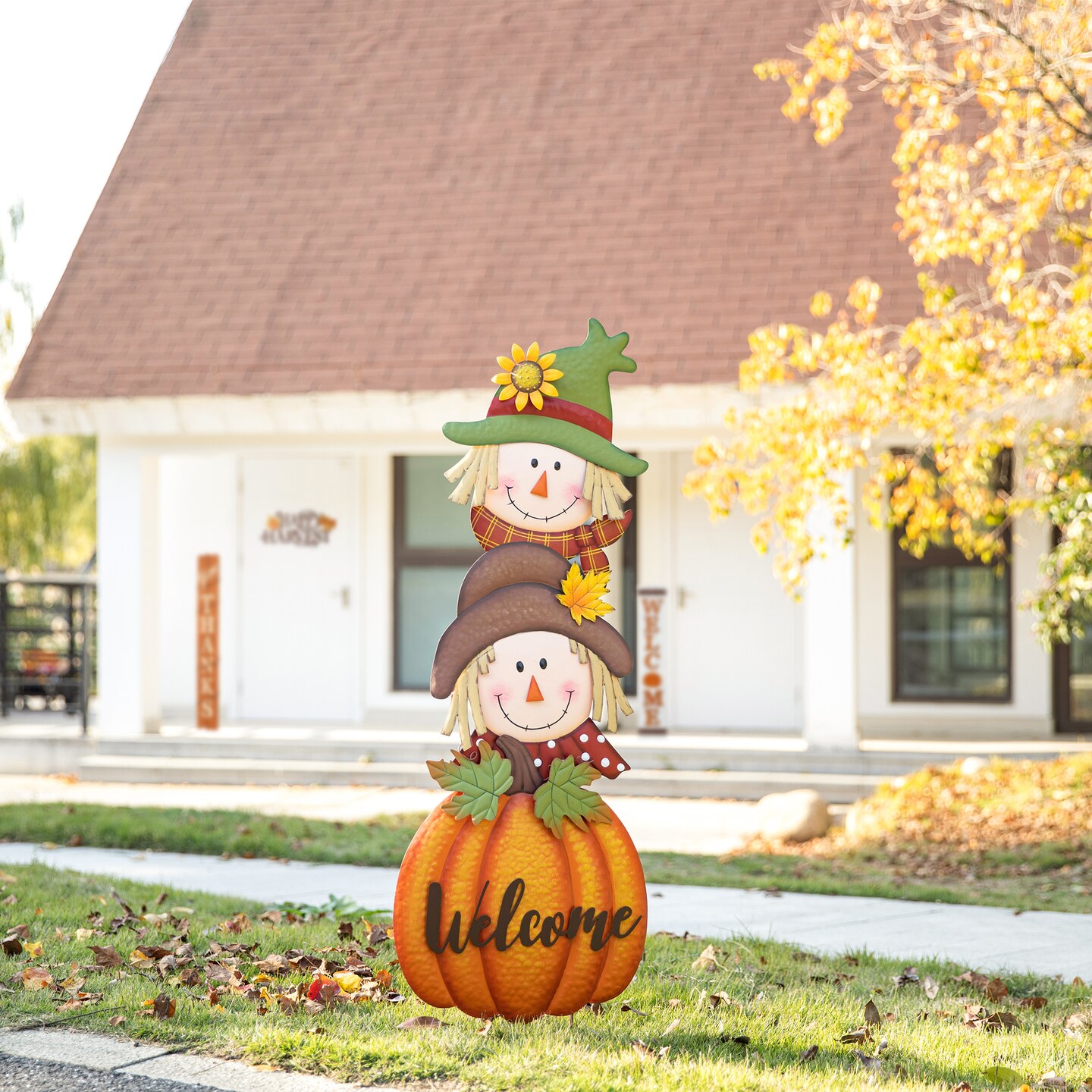 46&#x22;H Fall Metal Stacked Scarecrow and Pumpkin Yard Stake