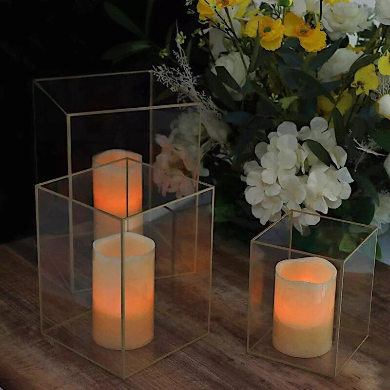 3 Clear Gold Acrylic with Metal Frame Pillar Candle Holders Party Decorations