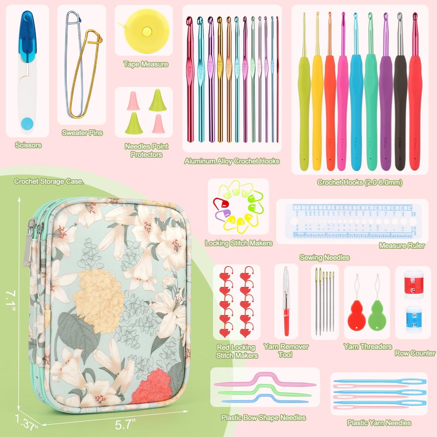 Katech Crochet Hooks Set with Crochet Case, 73 pcs Knitting Accessories Ergonomic Crochet Hook for Making Bag, Glovers, Sock, Colorful Soft Handle Knitting Needles Kits DIY Hand Tool