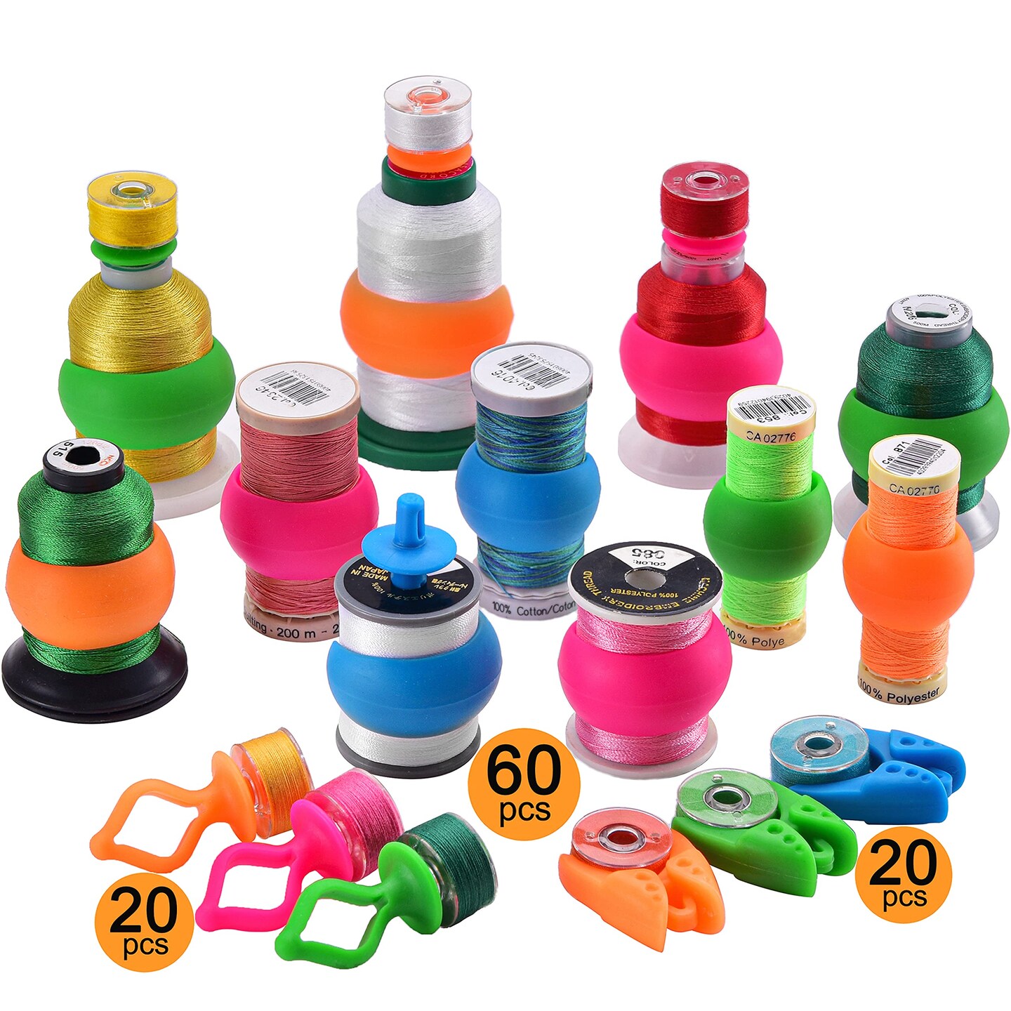 New brothread 100pcs Mix NOTIONS (60 Thread Spool Savers + 20 Bobbin Holders + 20 Bobbin Clamps) - Prevent Thread Tails from Unwinding - for Sewing and Embroidery Machine Thread Spools
