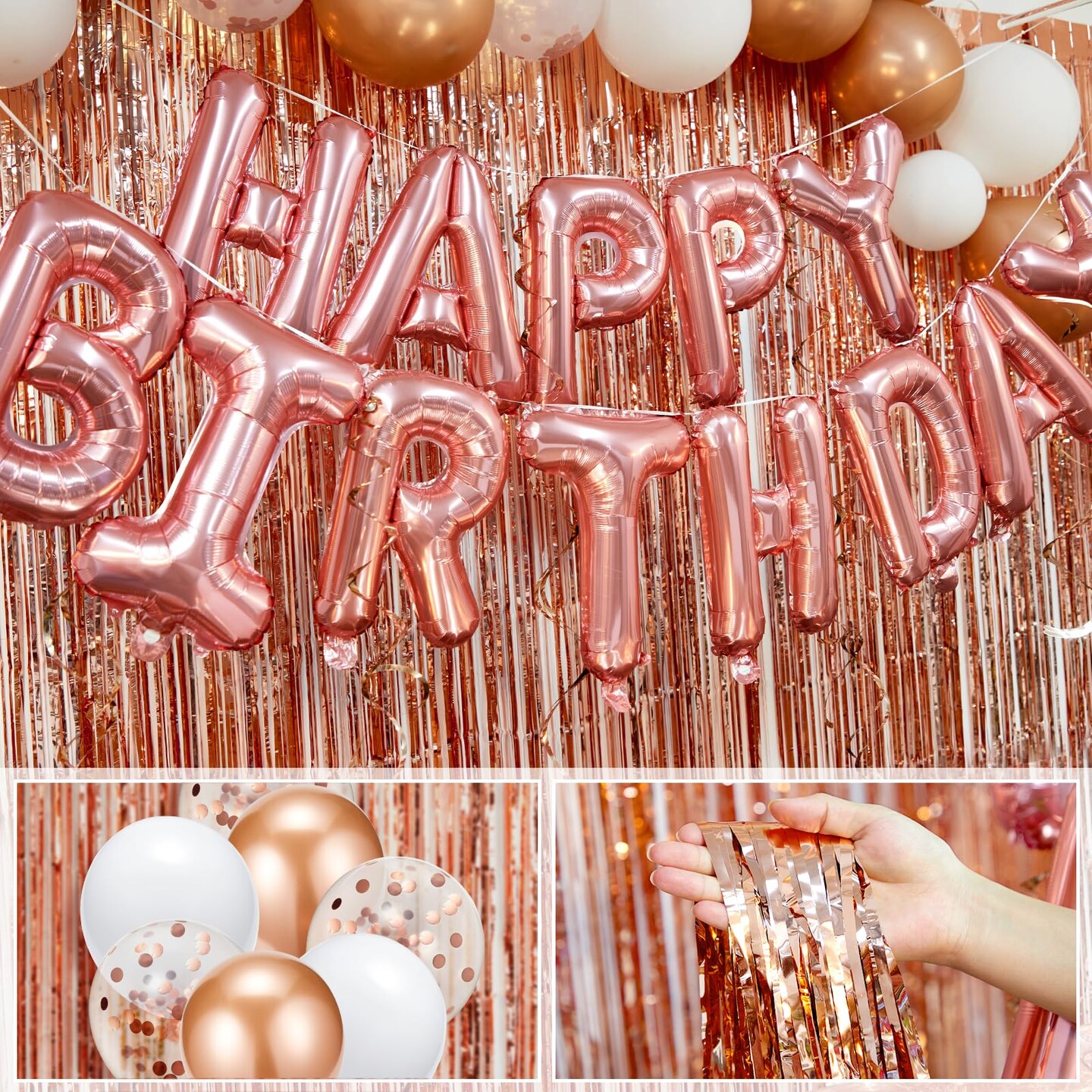 Rose Gold Happy Birthday Party Decorations for Women Girls, Happy Birthday Banner for Her, Fringe Curtains, Foil Tablecloth, Confetti Balloons, Butterfly Decor for 13th 16th 18th 21st 30th 40th 50th