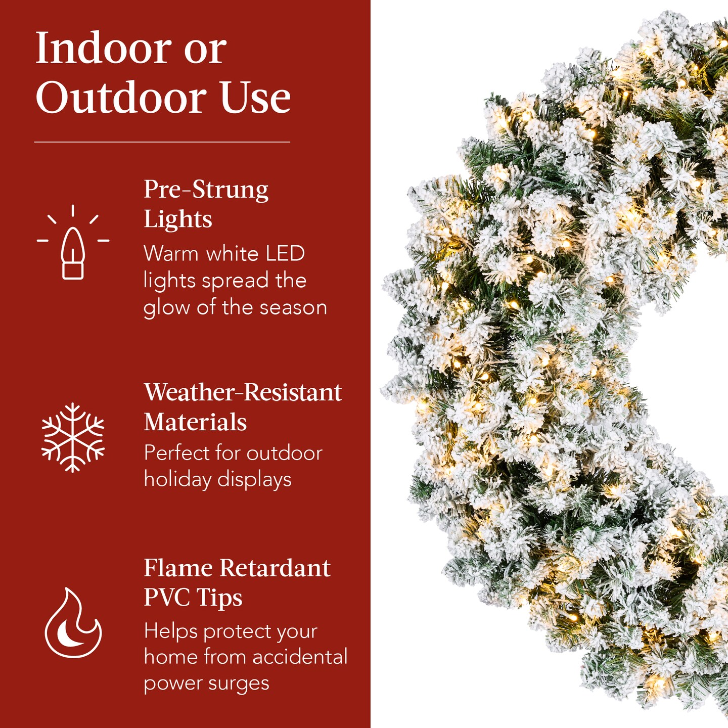 Best Choice Products Artificial Pre-Lit Flocked Fir Christmas Wreath D&#xE9;cor w/ Red Bow, LED Lights, Tips, Plug-In