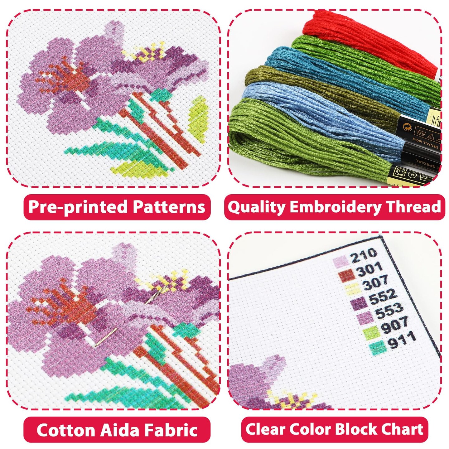 ZOIIWA 6PCS Flower Cross Stitch Kits for Beginners DIY Embroidery Kit for Kids Adults Christmas Birthday Gift Needlepoint Patterns with 2 Embroidery Hoops Craft Supplies