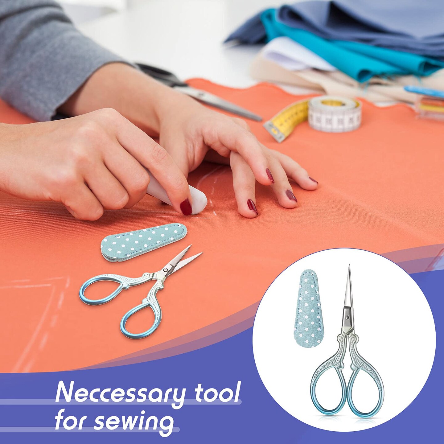 4 Pcs Sewing Embroidery Scissors with 4 Pcs Artificial Leather Cover 3.6 Inch Stainless Steel Stork Scissors Vintage Embroidery Scissors for Needlework, Manual Sewing Handicraft (Retro Colors)