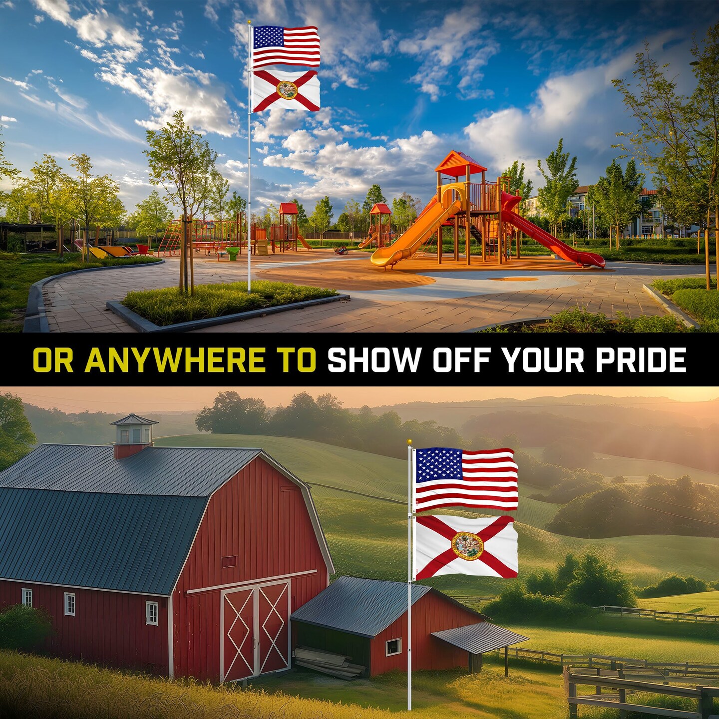 G128 Combo Pack: 25 Ft Telescoping Aluminum Flagpole (Silver) & American and Florida Flags 3x5 Ft, Both ToughWeave Series Embroidered Polyester | Pole with Flags Included