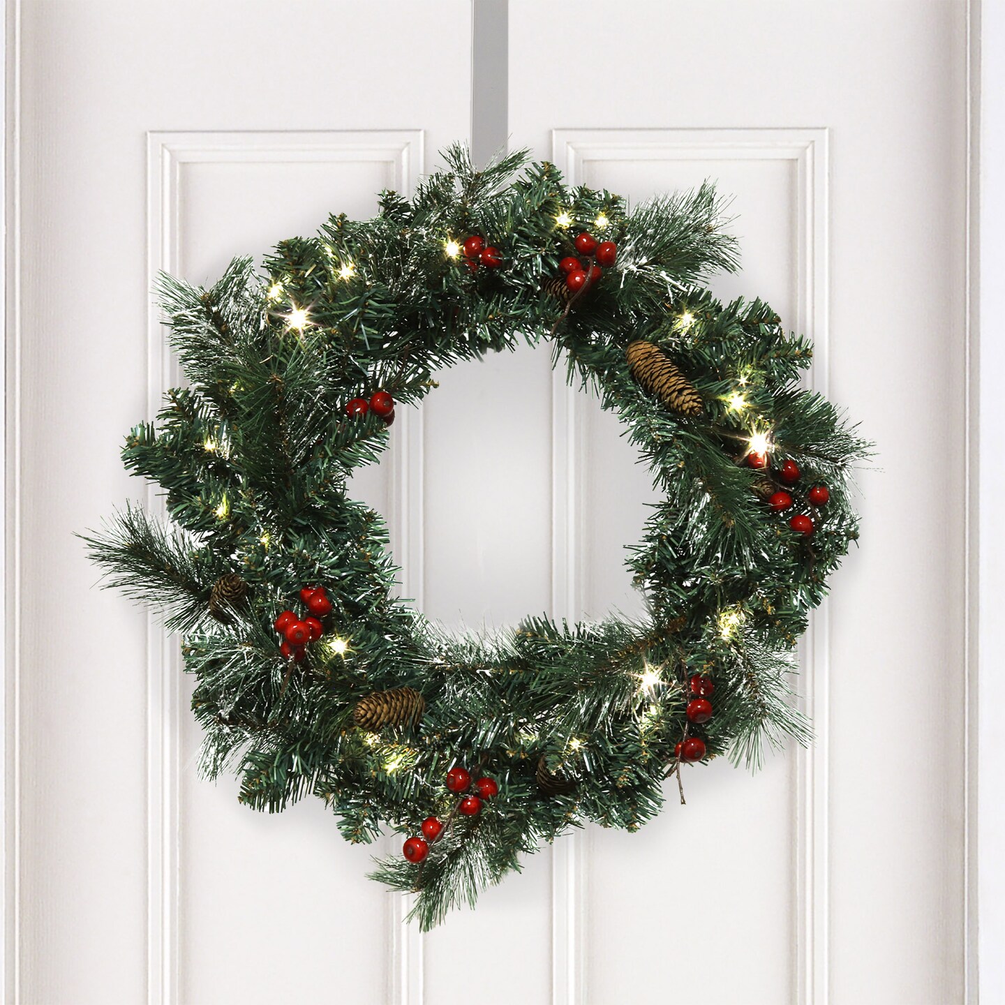 24&#x22; Decorated Real Touch Christmas Wreath | Pinecones &#x26; Berries Included | Use Included Lights | Indoor/Outdoor Use | Holiday &#x26; Christmas D&#xE9;cor | Perfect for Front Door, Wreaths, &#x26; Garlands