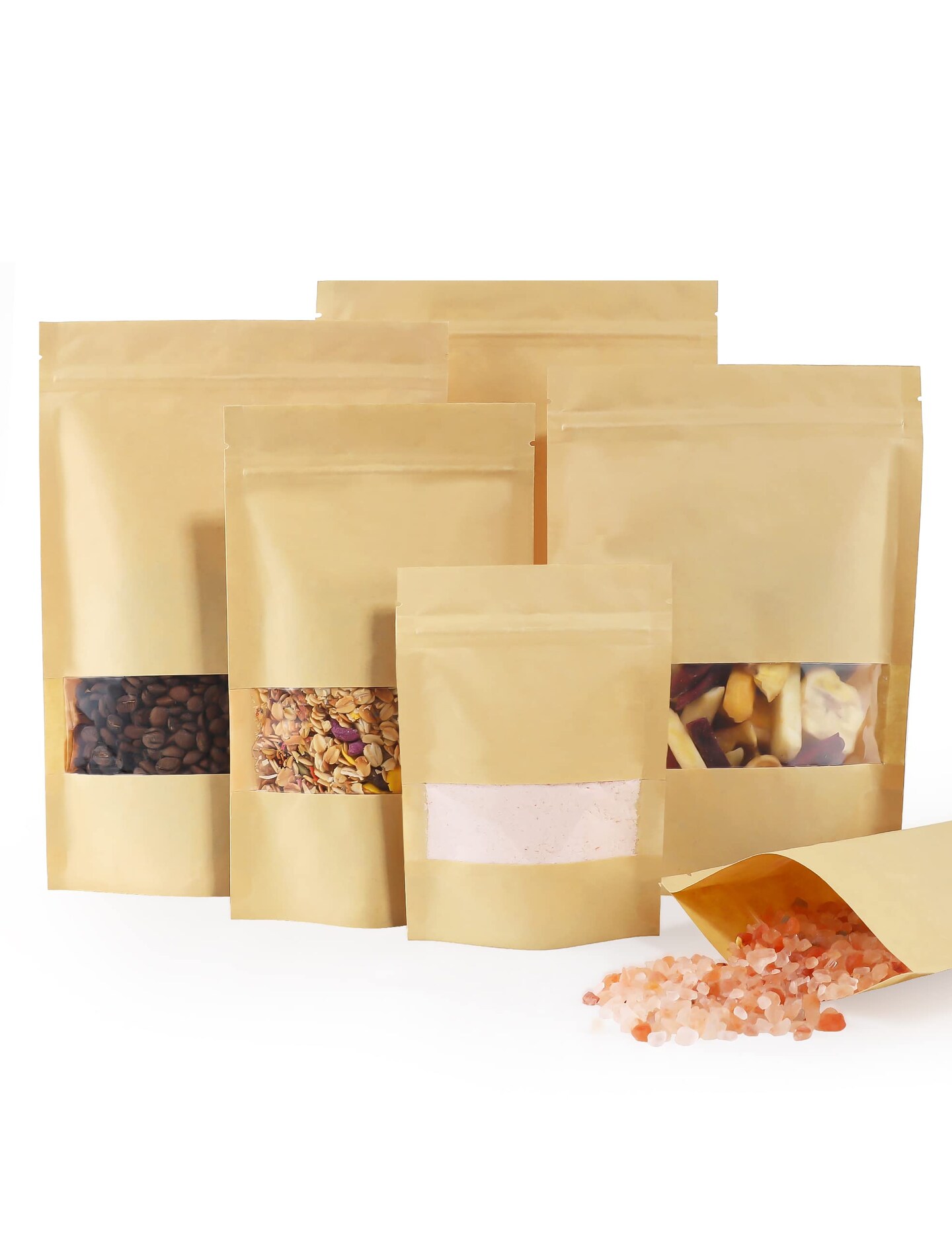 FireKylin 100 Pcs Kraft Paper Bags with Window, 3.5&#x22; x 5.5&#x22; Stand Up Pouches Bags, Zip Lock Food Storage Bags for Packaging Products, Reusable, Sealable