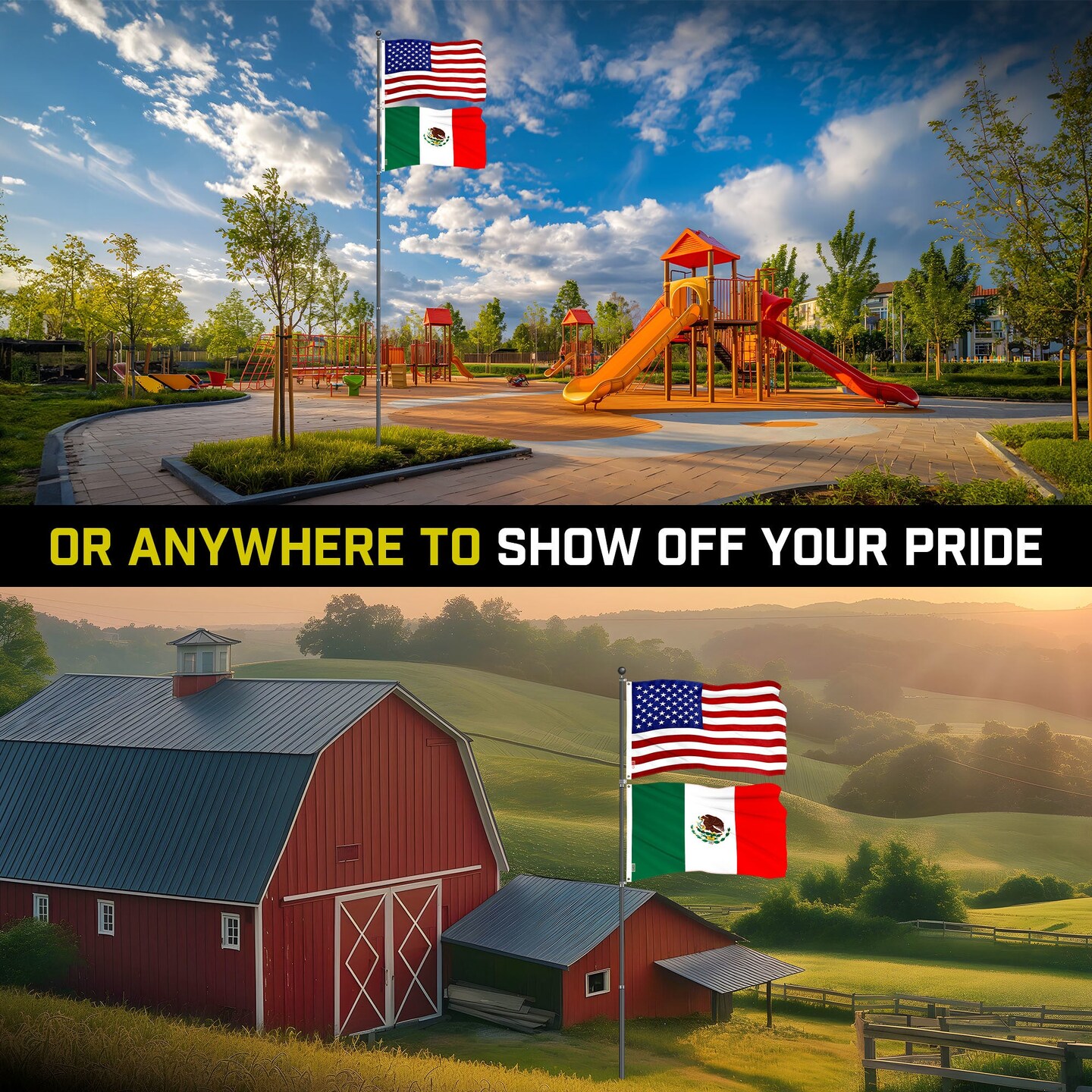 G128 Combo Pack: 25 Ft Telescoping Aluminum Flagpole (Black) & American and Mexico Flags 3x5 Ft, Both ToughWeave Series Embroidered Polyester | Pole with Flags Included