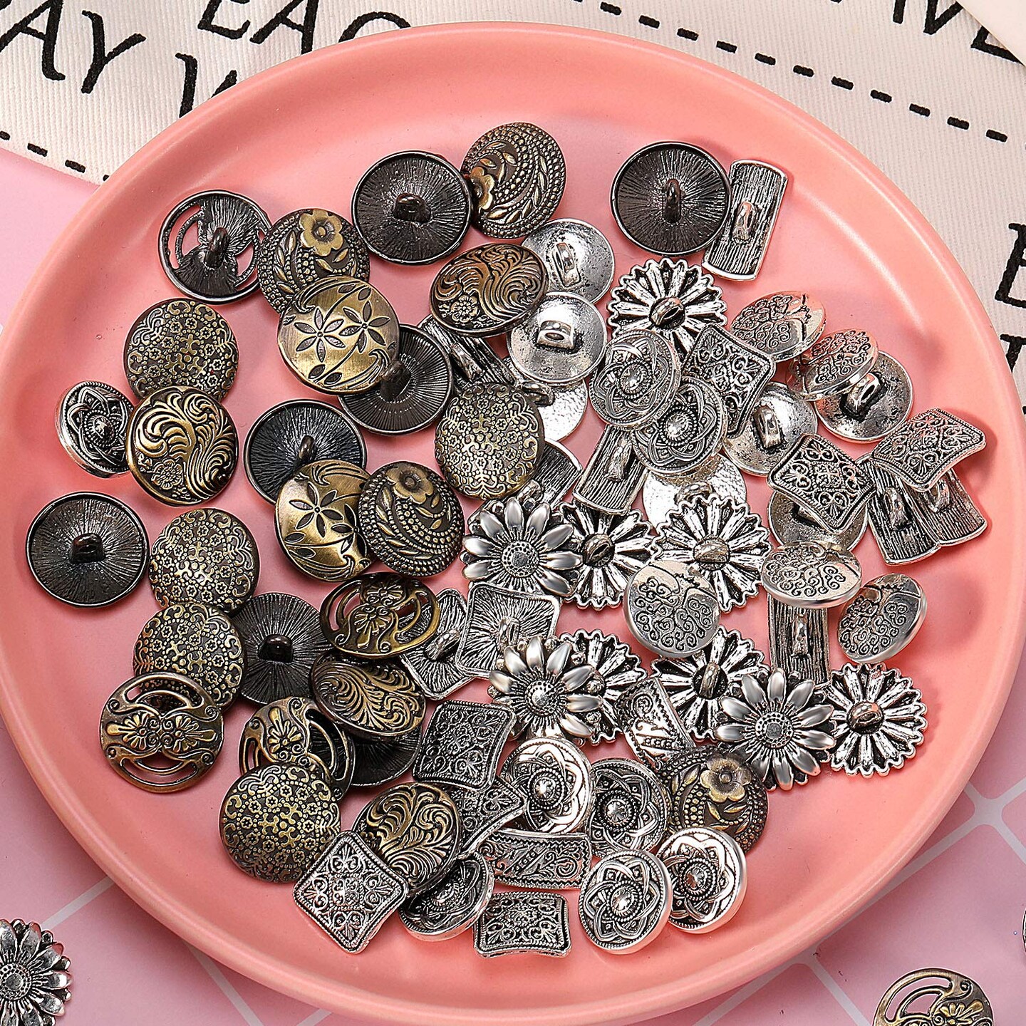 Metal Buttons 80 Pieces Antique Silver and Bronze Color for Sewing DIY Crafts Sewing Decorations, Mixed Vintage Style Flower Round Buttons