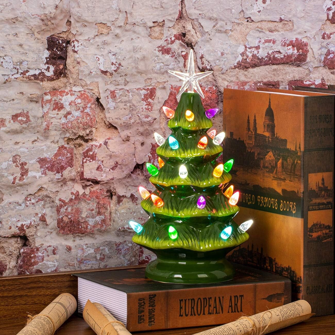 11&#x22; Ceramic Christmas Tree Tabletop Christmas Tree Lights with 28 Multicolored Lights and 1 Star Toppers for Table Top Desk Classic Series Christmas Decoration (Green) (Green)