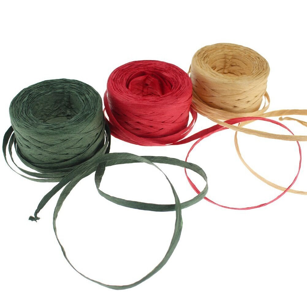 CREATRILL 3 Rolls Red Green Kraft 1/4&#x22; by 492 Feet Raffia Ribbon/String, 164 Feet Each Roll, Packing Paper Twine for Christmas