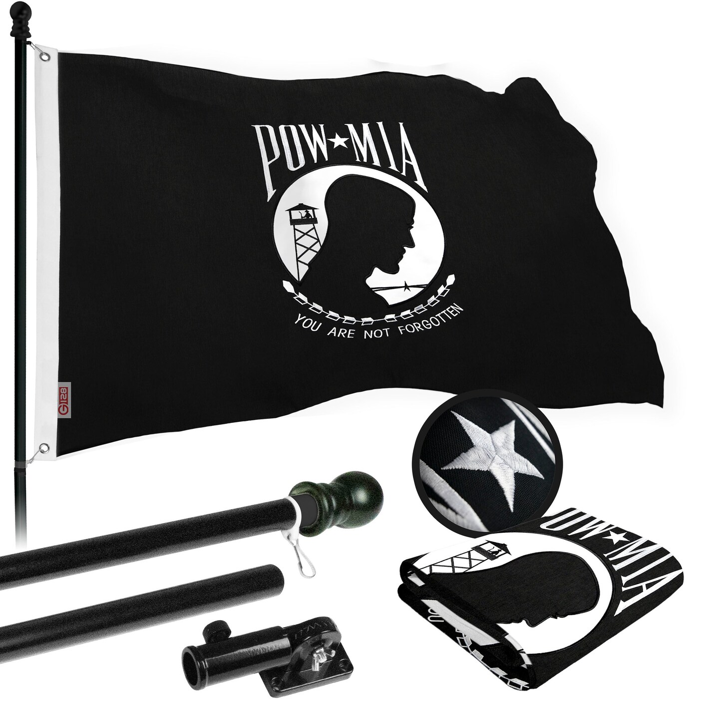 G128 Flag Pole 5 FT Black Tangle Free &#x26; POW MIA Flag Emb 2.5x4 FT Combo Embroidered Spun Polyester