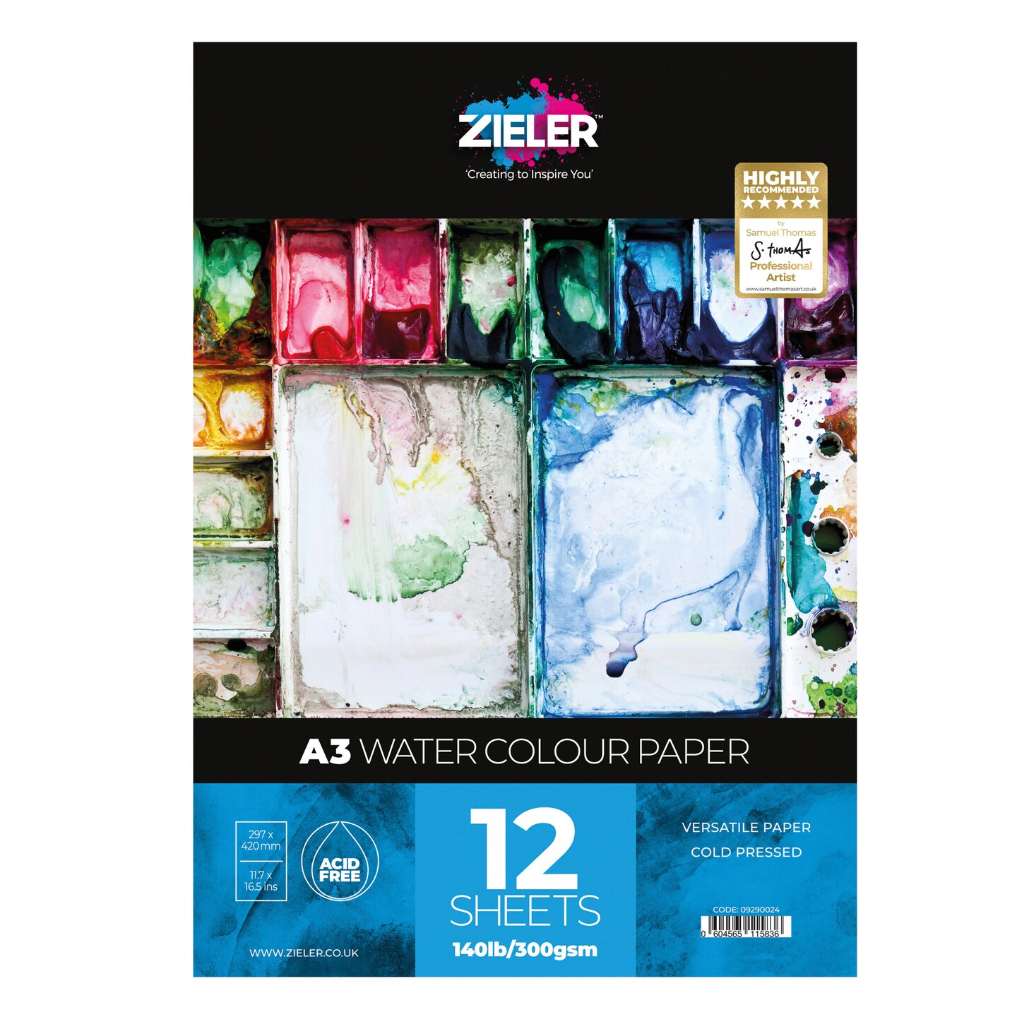 Zieler A3 Watercolour Paper Gummed Pad &#x2013; 300gsm, 12 sheets