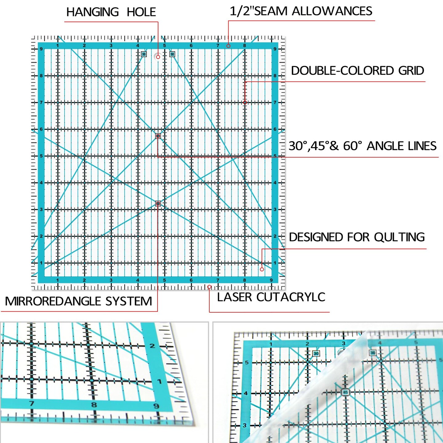 Quilting Rulers, Acrylic Quilt Ruler,4 Square Fabric Cutting Ruler (4.5"X4.5", 6"X6", 9.5"X9.5", 12.5"X12.5"), Quilting Templates with Non Slip Rings. (Blue)