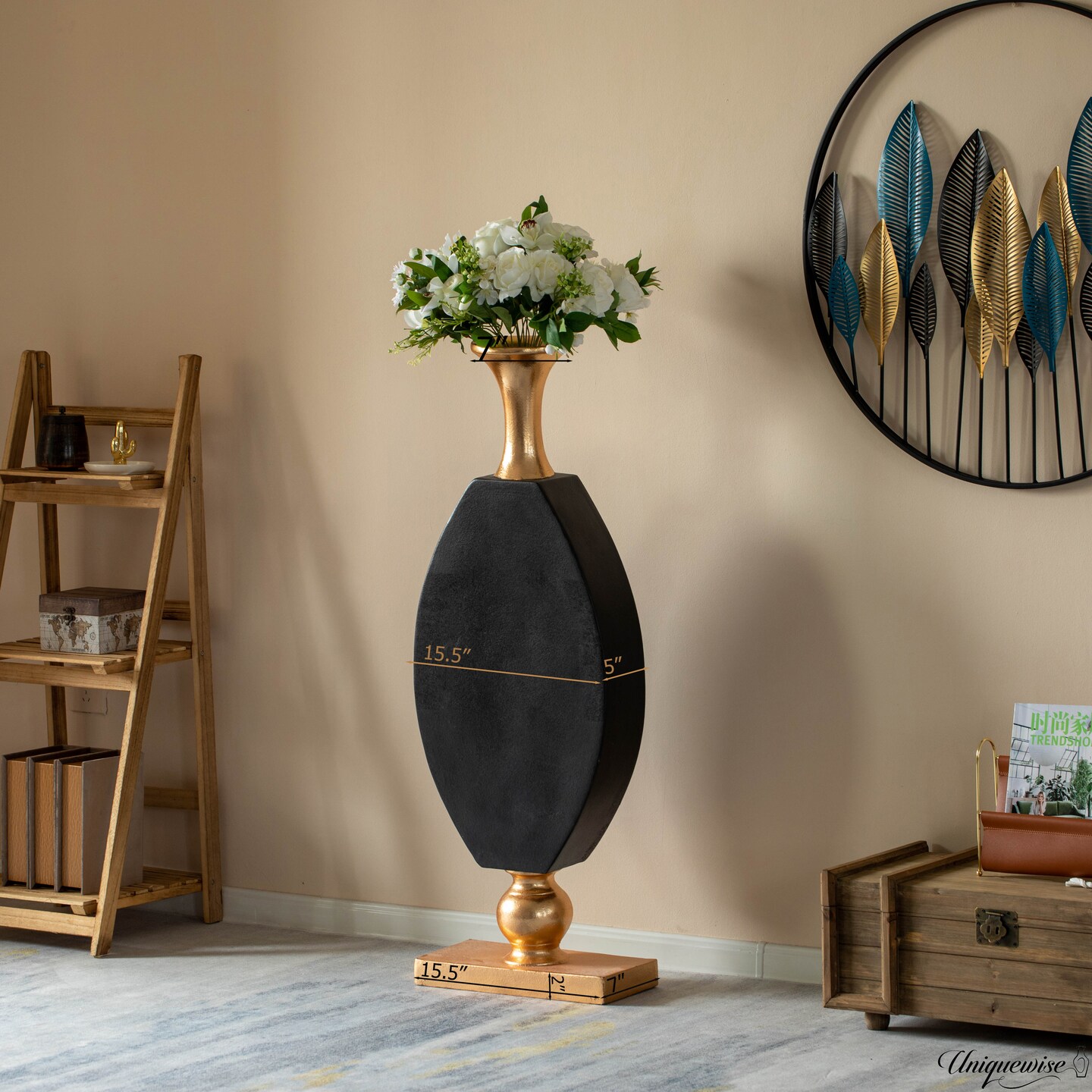 Vintage Gold and Black Fiberglass Tall Floor Vase - Enhances Home Decor with Farmhouse Charm-Perfect as a Statement Piece for Living Room Centerpiece, Entryway, Dining Room, and Hallway Decor