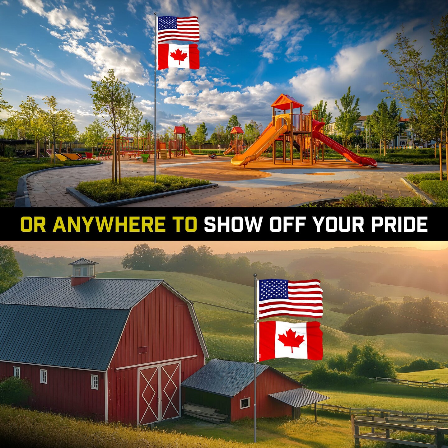G128 Combo Pack: 25 Ft Telescoping Aluminum Flagpole (Black) & American and Canada Flags 3x5 Ft, Both ToughWeave Series Embroidered Polyester | Pole with Flags Included