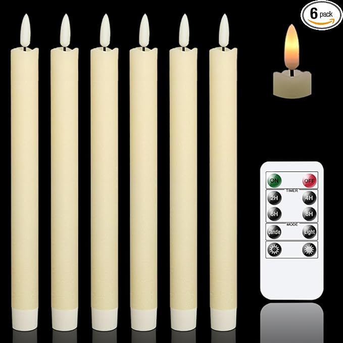 Flameless Ivory Taper Candles Flickering with 10-Key Remote, Battery Operated Led Warm 3D Wick Light Window Candles Real Wax Pack of 6, Christmas Home Wedding Decor(0.78 X 9.64 Inch)
