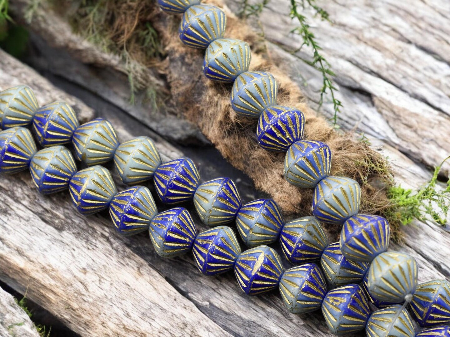 *12* 8x9mm Gold Washed Blended Turquoise &#x26; Blue Carved Bicone Beads