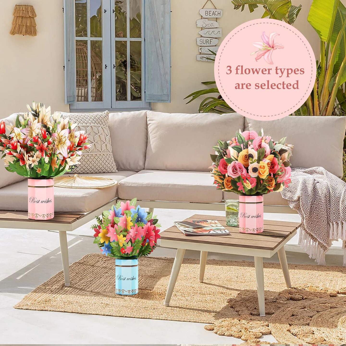 3 Pack Paper Flower Pop Up Cards,Forever Bouquet 3D Popup Paper Greeting Cards with Note Cards and Envelopes for all occasion,Mother's Day Gift,Birthday,Valentine,Christmas(Cherry Blossoms+Lily+Rose)