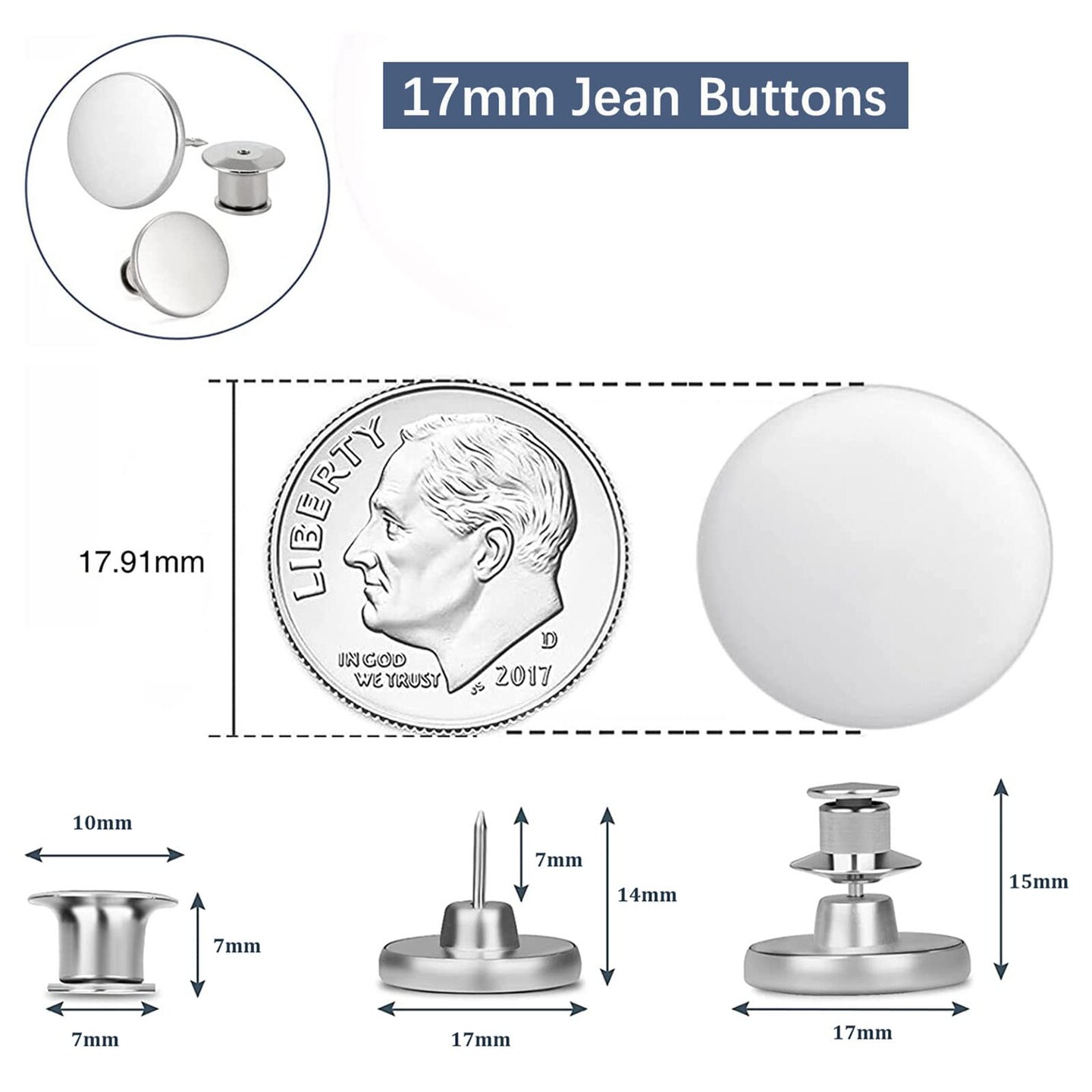 8 Sets of 17 mm Pants Button, Jean Buttons Pins for Loose Jeans, Adjustable Button for Jeans, Reusable and Adjustable Metal Pants Button Tightener