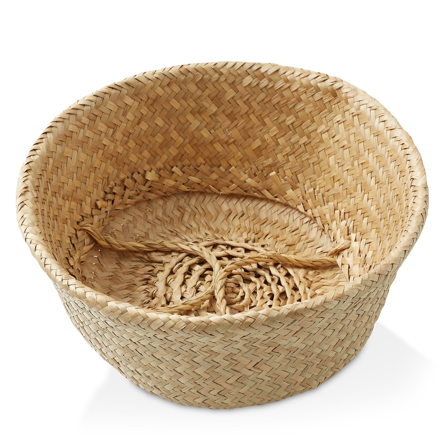 Casafield Seagrass Belly Baskets with Handles, Natural Woven Storage Basket Planters, Round Folding Bins for Home Decor, Indoor Plant Pot Covers