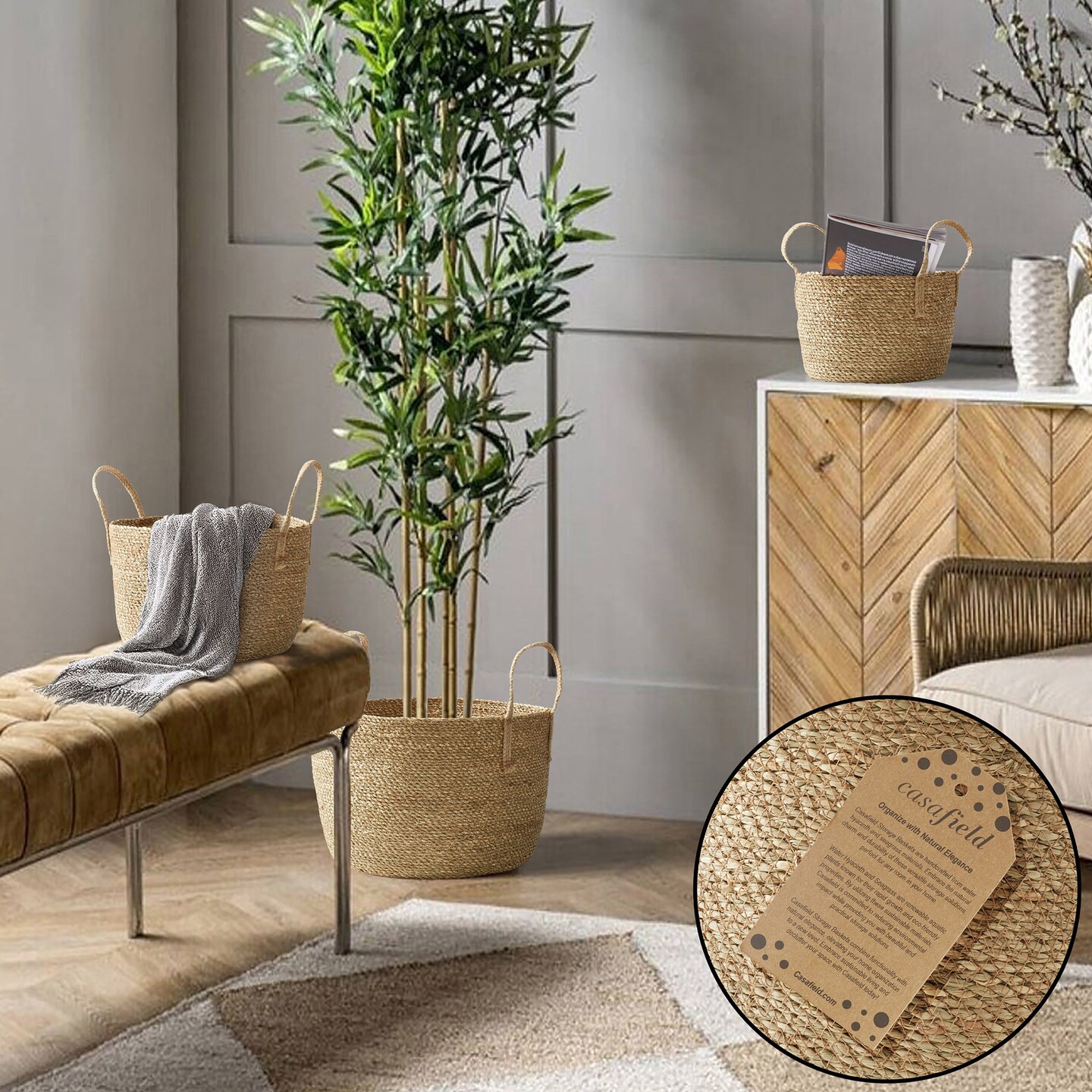Casafield Set of 3 Braided Seagrass Baskets with Jute Handles - Natural, Woven Storage Basket Planters, Boho Decor for Entryway, Living Room, Bedroom