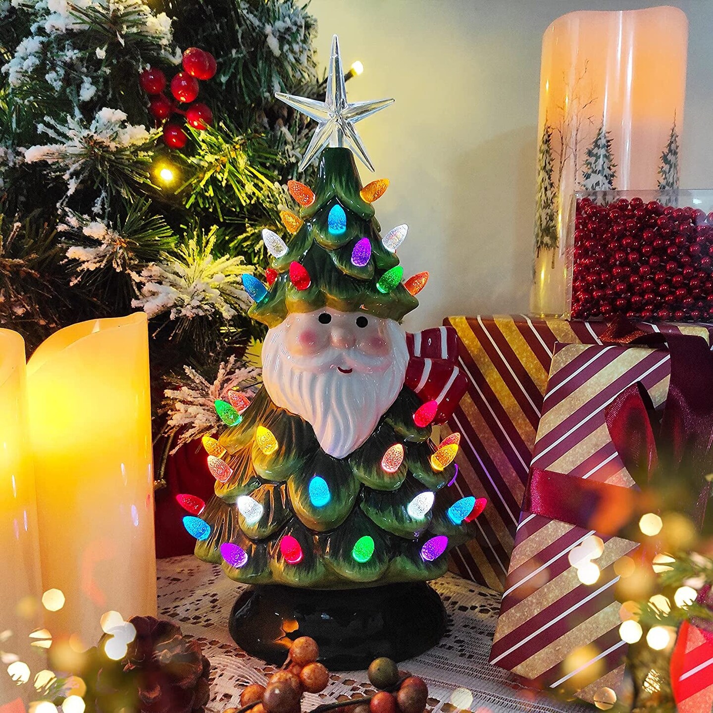 11&#x22; Ceramic Christmas Tree Tabletop Christmas Tree Lights with 50 Multicolored Lights and 1 Star Toppers for Table Top Desk Classic Series Christmas Decoration