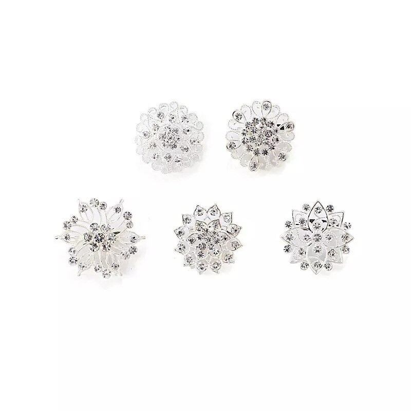 5 pcs Silver Metal Assorted Brooches Floral Pins Rhinestones Party Decorations
